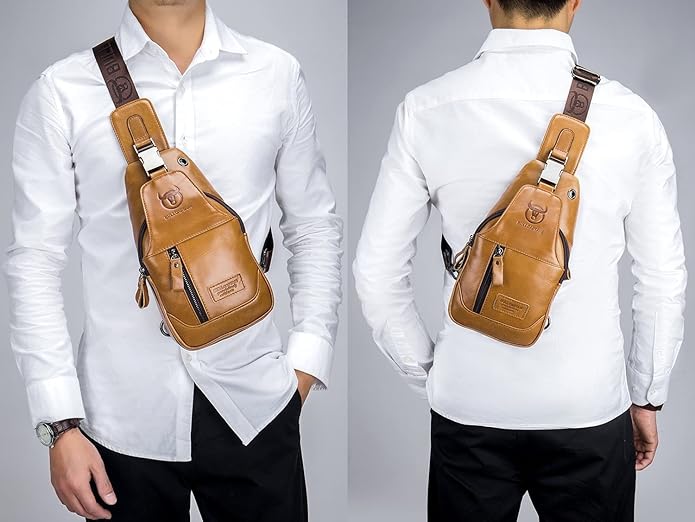 BULLCAPTAIN Genuine Leather Men Sling Backpack Multi Pocket Crossbody Chest Bags Travel Hiking Daypack