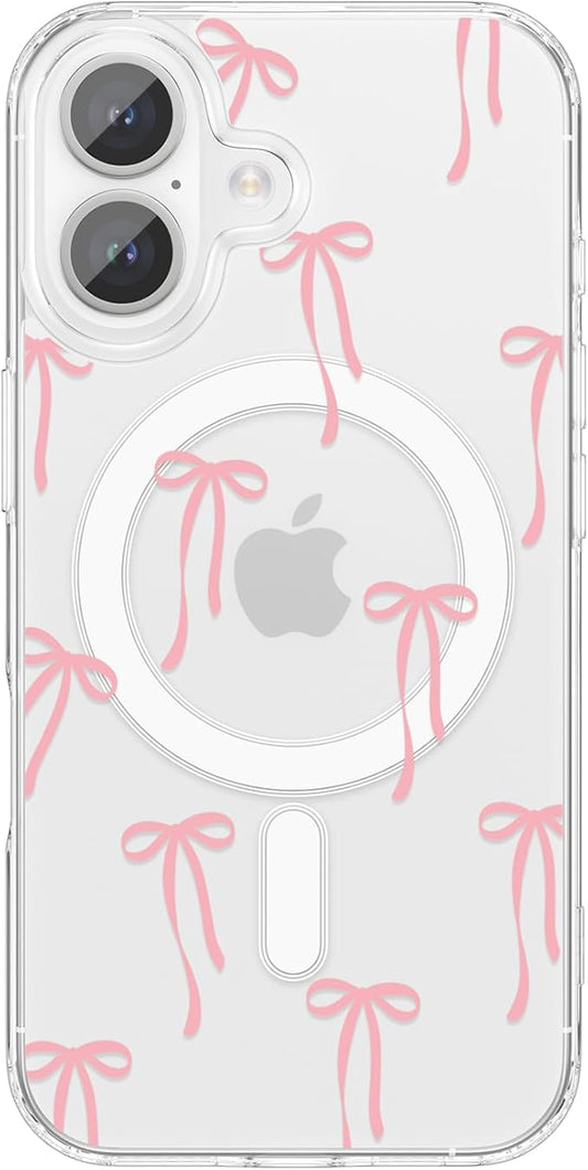 ZTOFERA for iPhone 16 Magnetic Case Clear,Cute Love Heart Ribbon Bow Tie Aesthetic Phone Case,Transparent Trendy Slim Soft Shockproof Protective Phone Cover for Women Girls,Pastel Pink