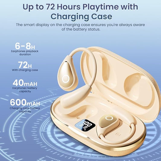 Open Ear Earbuds Wireless Bluetooth Headphones, 60Hrs Playtime Stereo Sound Earphones with IPX7 Waterproof Ear Buds, Ideal for Fitness, Travel - Off White