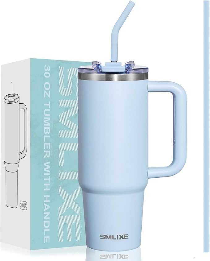 30 oz Tumbler with Handle, Tumbler with Lid and Straw, Double Wall Vacuum Insulated Travel Mug Stainless Steel Tumbler for Hot and Cold, Cupholder Friendly (Blue)