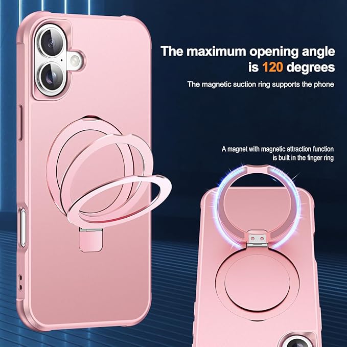 Compatible with iPhone 16 Plus Case with Invisible Magnetic O-Ring Stand Military-Grade Case for iPhone 16 Plus 6.7" [Compatible with Mag-Safe][Great Grip Feeling], Rose Gold
