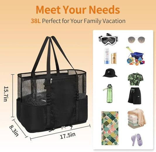 Mesh Beach Bag, Extra Large Beach Bags for Women, Lightweight Foldable Sandproof Tote Bag for Family & Vacation