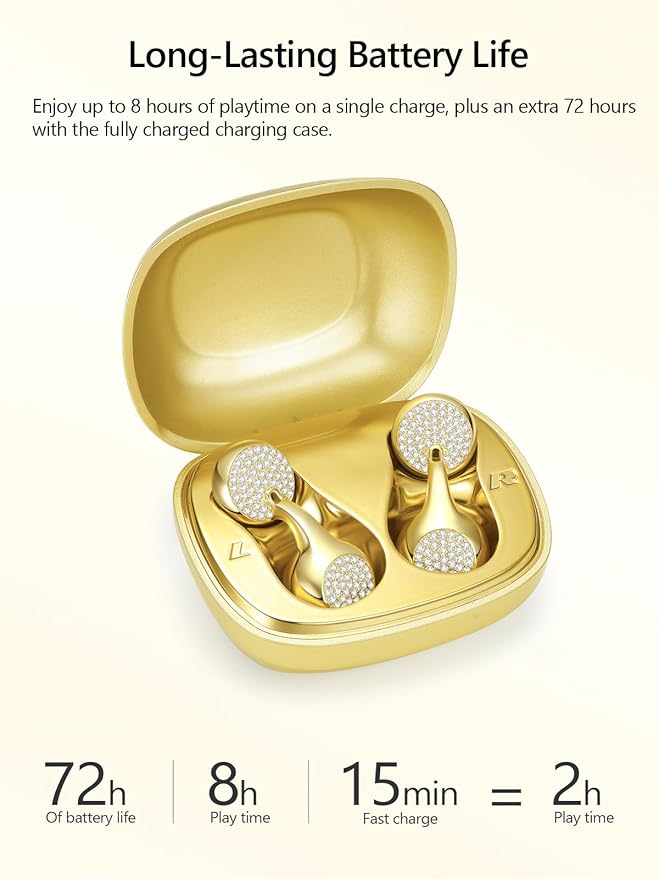 JewelPods H01 Wireless Earbuds, Pretty Bluetooth Headphones for Small Ears, Teardrop Design Metal Earbuds with Premium Sound, AI Clear Call & 72H Play, Unique Gift for Her, Yellow Gold