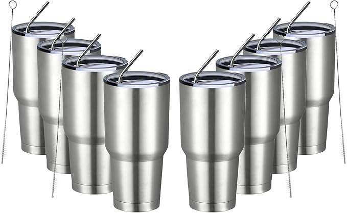 MEWAY 30oz Insulated Tumbler With Lids and Straws,Stainless Steel Double Vacuum Coffee Tumbler Cup, Brush, Durable Powder Coated Coffee Cup for Cold & Hot Drinks, Office, Travel(Silver,8 PACK)
