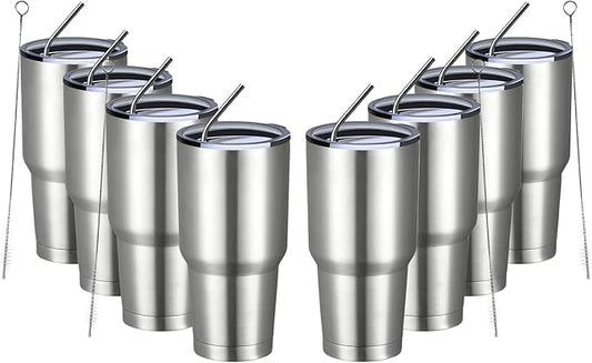 MEWAY 30oz Insulated Tumbler With Lids and Straws,Stainless Steel Double Vacuum Coffee Tumbler Cup, Brush, Durable Powder Coated Coffee Cup for Cold & Hot Drinks, Office, Travel(Silver,8 PACK)