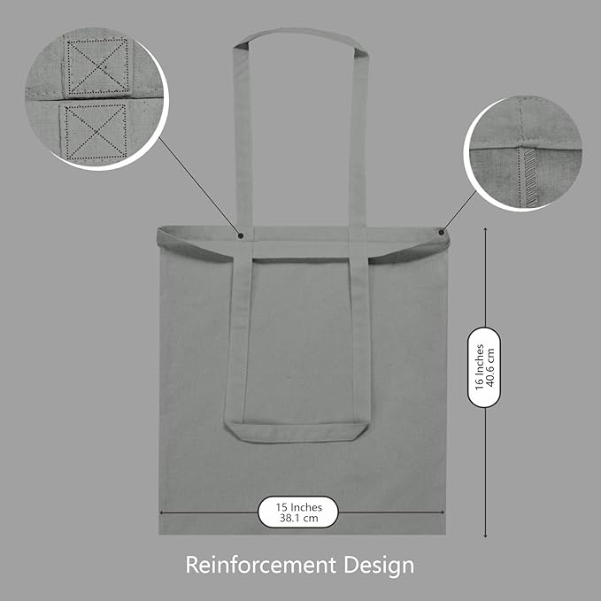 TOPDesign 12-Pack Economical 16"x15" Light Grey Cotton Tote Bags, Lightweight Medium Reusable Grocery Shopping Cloth Bags, Suitable for DIY, Advertising, Promotion, Gift, Activity