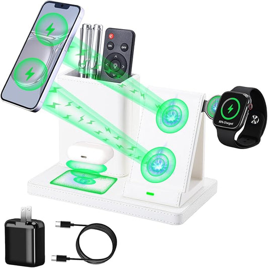 White Leather Pen Holder Desk Organizer with 3-in-1 Wireless Charger for Phone, Earbuds, Watch - Desktop Phone Stand,birthday gifts for women,mom gifts (white)