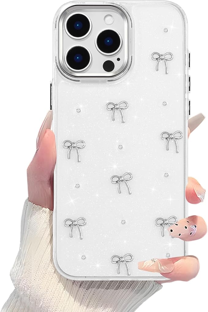 EYZUTAK Case for iPhone 16 Pro, Bling Glitter 3D Bowknot Phone Case Cute Sparkly Crystal Clear Bow Aesthetic Design Case Slim Soft Durable TPU Transparent Protective Cover for Women Girls - Bow