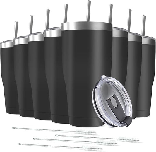 8 Pack 20oz Stainless Steel Tumblers Bulk Reusable Travel Mugs with Lid, Double Wall Powder Coated Coffe Cup for Home, Office, Outdoor Suitable for Vehicle Cup Holders