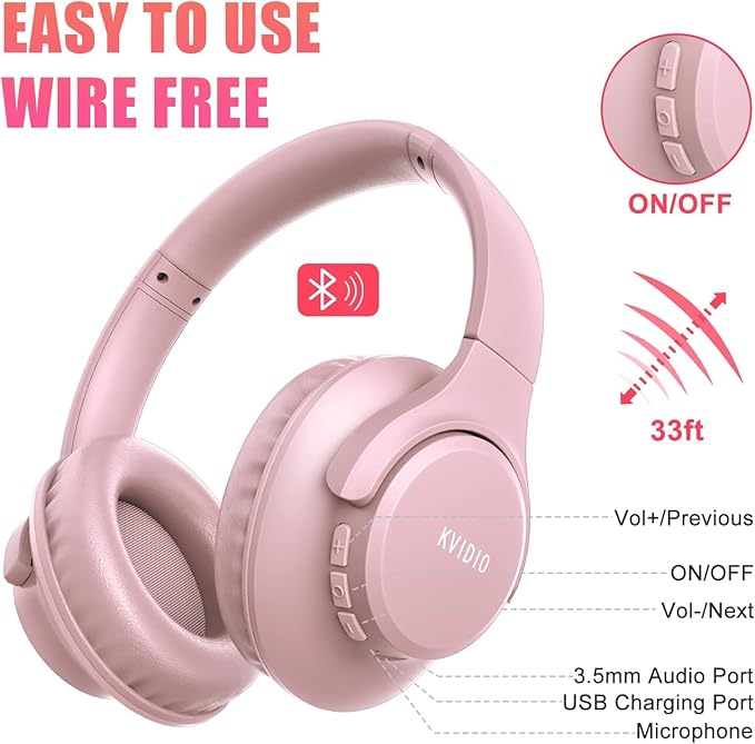 KVIDIO Bluetooth Headphones Over Ear, 65 Hours Playtime Wireless Headphones with Microphone, Foldable Lightweight Headset with Bass and Stereo Sound Low Latency for Travel Work Cellphone