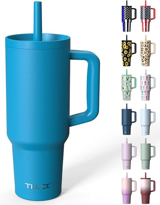 TILUCK 40 oz Tumbler with Handle, Vacuum Insulated Stainless Steel Travel Mug with 100% Leak-Proof Silicone Straw Lid, Cupholder Friendly Water Bottle(LakeBlue, 40oz)