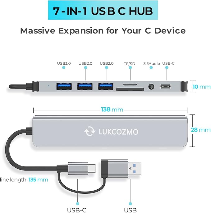 Updated USB Hub USB C Hub USB Splitter Port Extender 7 in 1 USB 3.0 Hub USB Adapter&USB C Splitter 4 USB 1 USBC TF/SD Card Reader Audio Output Compatible with MacBook/Pad Pro/Dell/HP Laptop/Phones…