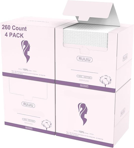 260 Count 4 PACK Disposable Face Towel, 100% Cotton Biodegradable Soft, Large Size 10"X 12"and Thick Disposable Clean Face Towels for Washing and Drying RUIJIU