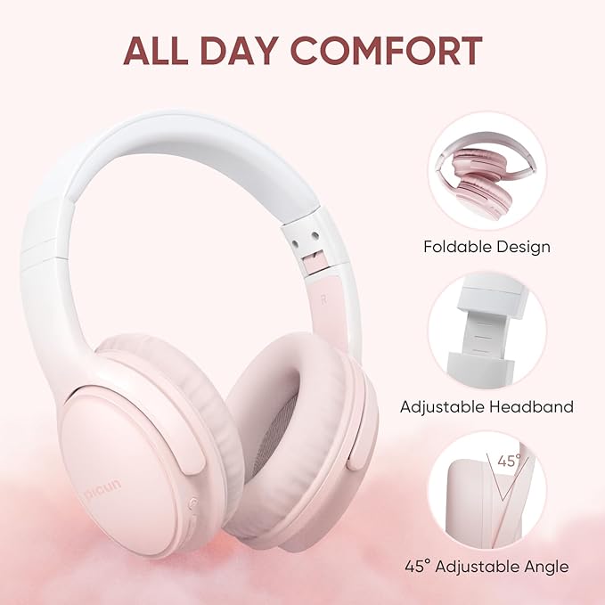 Wireless Headphones, Bluetooth Over Ear Headsets with Microphone, Hi-Fi Audio, 60H Playtime, Touch Control, Foldable Lightweight, On-Ear Headphones for Girls Women, Travel, Work,