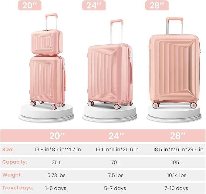 Luggage Set 4 Piece Suitcase Sets with Double Spinner Wheel, Expandable Hardside Travel Luggage with TSA Lock (14/20/24/28), PP Material Hardshell Carry on Travel Suitcases (D# Pink)