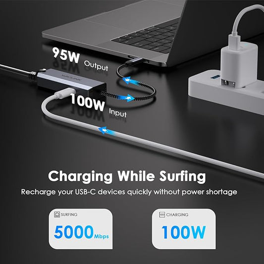 WAVLINK USB-C to Ethernet Adapter with 95W PD - 5Gbps High-Speed, Driver-Free Type-C to RJ45 Ethernet LAN Network Adapter Thunderbolt 5/4/3 Compatible for MacBook Pro/Air, iPad Pro, Dell XPS
