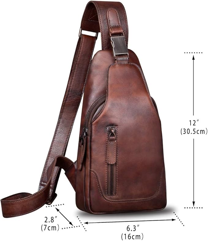 IVTG Genuine Leather Sling Bag for Men and Women Chest Shoulder Crossbody Hiking Backpack Vintage Handmade Daypack