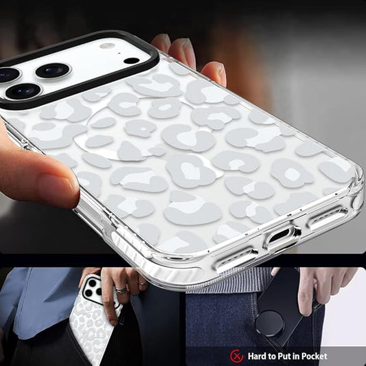 SAKUULO Magnetic for iPhone 17 Pro Case with Screen Protector [Compatible with MagSafe] Light Gray Leopard Print Pattern Wireless Charge Strengthen Protection Cover Light Gray Leopard (6.3")