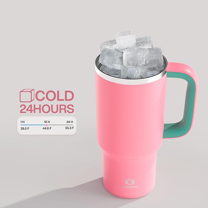 32 oz Tumbler with Handle and Straw: Stainless Steel Insulated Tumbler Keeps Cold for 24 Hours, Leakproof Travel Cup Fits in Cup Holder and BPA-Free, Tulip