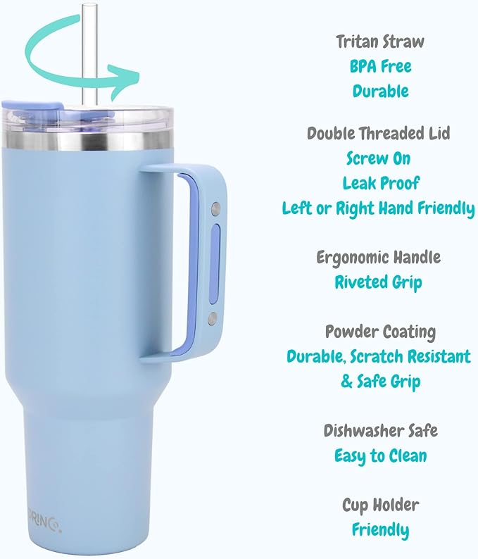 Drinco 40oz 30 oz Tumbler with Handle, Straw Lid, Insulated Stainless Steel Travel Mug Water Bottle Ice Coffee Cup For Cold and Hot, BigSur (40oz, Sky Blue)