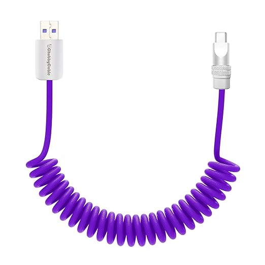 chubbycable Curly Chubby Retractable Fast Charging Cable 120W Coiled Charger Cord for Car Durable USB C Cable Compatible with iPhone 16/15 Series, Purple, USB-A to Type-C, 1.3FT-2.3FT