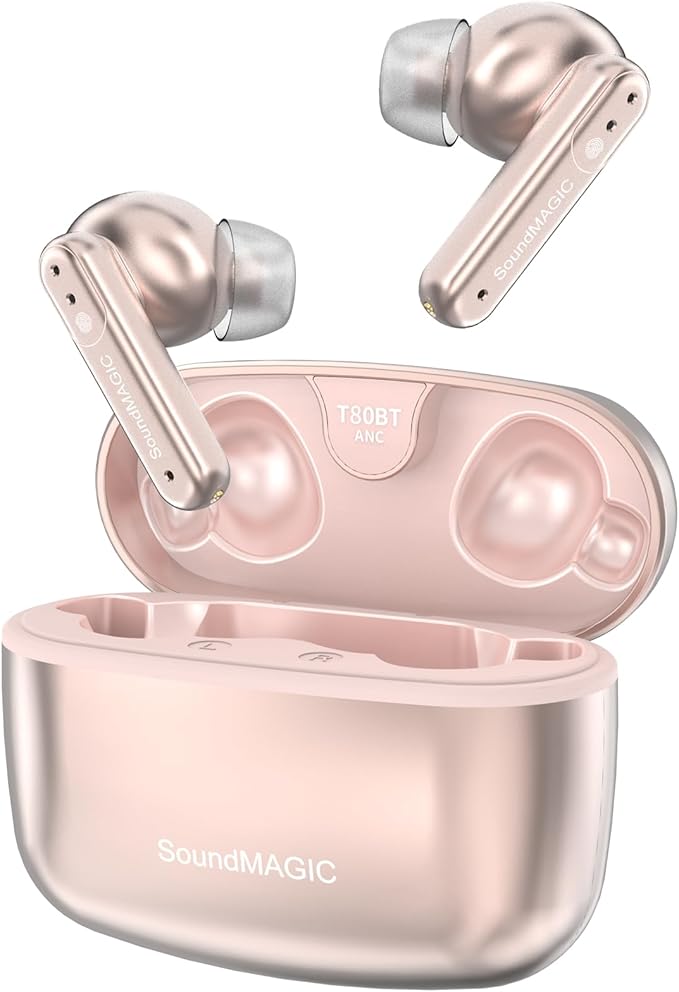 SoundMAGIC T80BT ANC True Wireless Earbuds with Hi-Res Audio,Hibrid Active Noise Cancelling, ENC Call Clarity, 20H Playtime, IPX5 Waterproof, Ultra-Comfy Fit for Sports/Work/Gaming (Pink)
