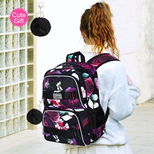 17 Inches Backpack for Girls Women, 3Pcs Rose Laptop Backpacks with Lunch Bag, Water Resistant College School Bookbag Set for Teens Students(Black)