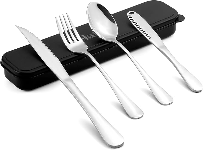 5-pieces Travel Set with Case Portable Silverware Utensils Set for work, Stainless Steel Reusable Flatware Set Cutlery Set for Camping Picnic Hiking Office (silver, 5.9)