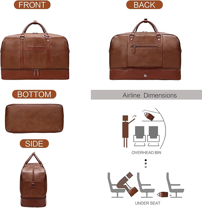 4PCS Duffle Bag for Travel, Weekender Overnight Bag for Women & Men, Large Leather Duffel Carry On with Shoe Compartment, Gym Sports Bag (Brown)