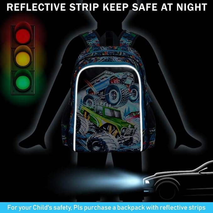 CCJPX 16" Truck Backpack for Boys, 3PCS Cars Kids Water Resistant Preschool Bookbags, Cool Kindergarten School Backpacks and Lunch Box