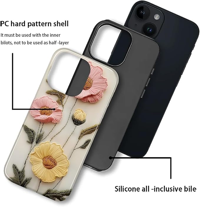 Case for iPhone 14 Plus Case,Faux Embroidery Boho Floral Design - Hybrid Dual Protection Silicone + Hard PC Shockproof Full Body Cover Slim Anti-Scratch Protective Case for Men Women