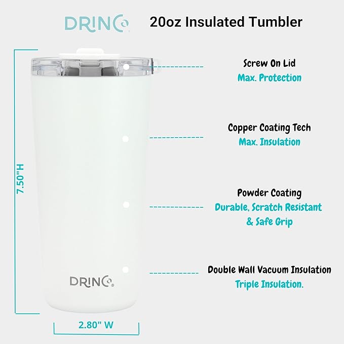Drinco - 20 oz Stainless Steel Tumbler | Double Walled Vacuum Insulated Mug With Lid, 2 Straws, For Hot & Cold Drinks (20oz Artic White, 20oz)