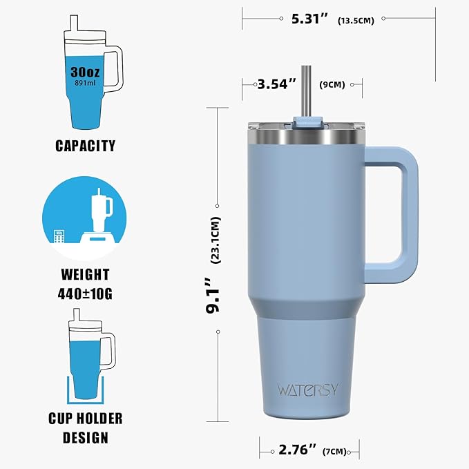 30 oz Tumbler with Handle,Tumbler with Lid and Straw,Double Wall Insulated Cup Stainless Steel Travel Mug(Cold for 34 Hours),Water Bottle for Iced Tea,Coffee,Cold Beverages(Smog Blue)