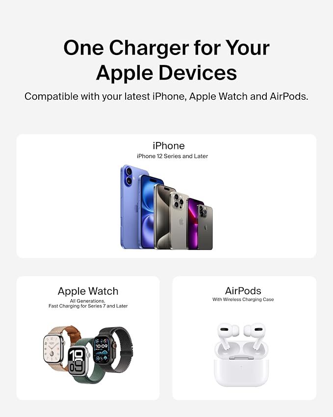 Belkin 3-in-1 MagSafe-Compatible iPhone Charger 15W, Foldable Magnetic Qi2-Certified Wireless Charging Station for iPhone 17, Apple Watch Series 10, AirPods 4, Pixel 10, w/Non-Slip Base & PSU - White