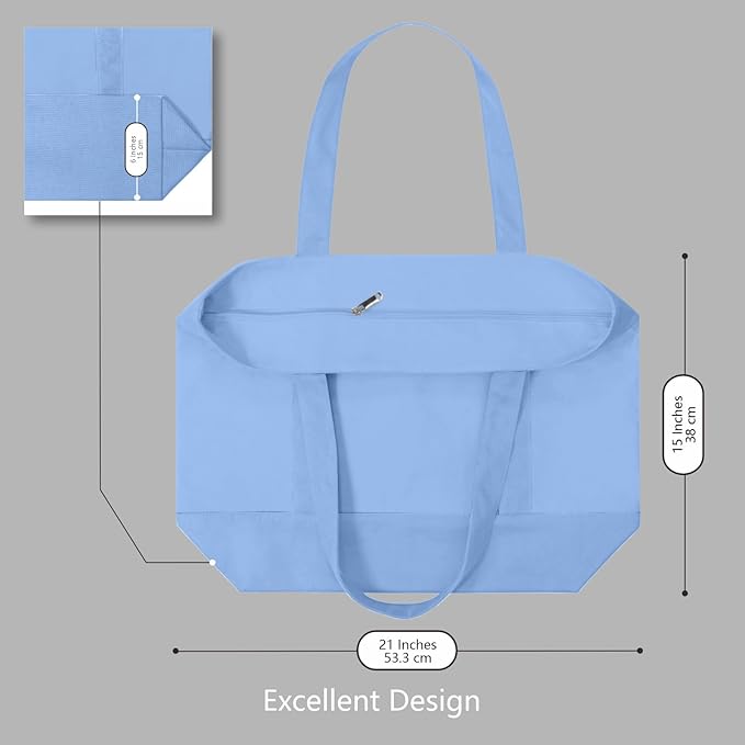 TOPDesign 1-Pack Canvas Tote Bag with an External Pocket, Reusable Grocery Shopping Bag, Top Zipper Closure, Daily Essentials (Light Blue)
