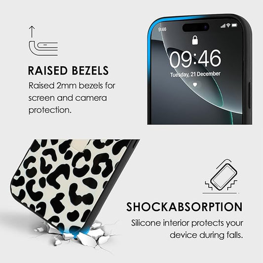 Compatible with iPhone 16 Pro Case with Finger Hand Strap Kickstand, Trendy Cool Leopard Cheetah Phone Case for Women Men, Full Camera Protection Shockproof Protective Cover, White Black