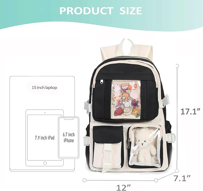 Kawaii Backpack for Teen Girls, Cute Aesthetic High Middle School College Bookbag with Accessories,Black and White