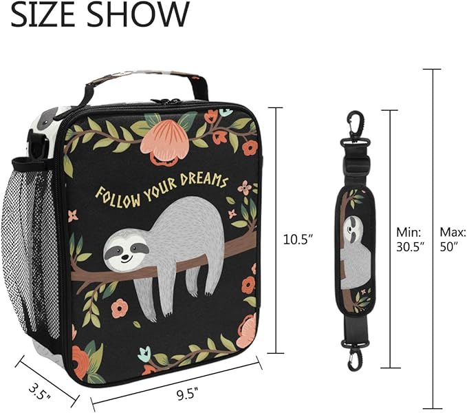 Lunch Box Bag Quote Animal Sloth Flower Tree Lunchbox Insulated Thermal Cooler Ice Adjustable Shoulder Strap for Women Men Boys Girls