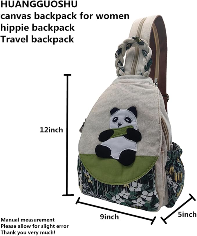 HUANGGUOSHU Women Cotton Woven Bohemian Hemp Boho Canvas Embroidery Multi Pocket Retro Cute Backpack Wallet Backpack（Lotus）