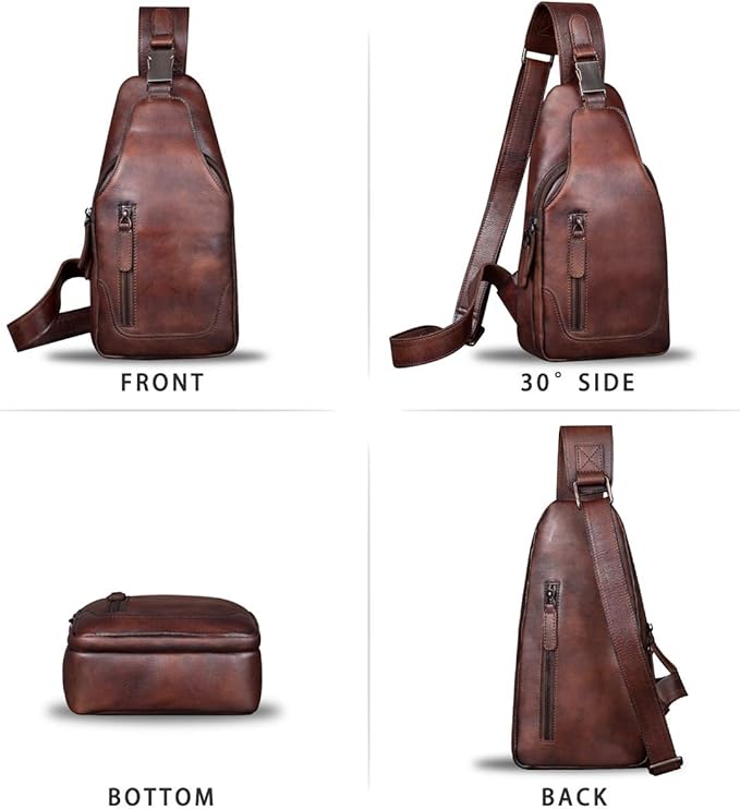 IVTG Genuine Leather Sling Bag for Men and Women Chest Shoulder Crossbody Hiking Backpack Vintage Handmade Daypack