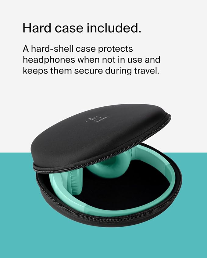 Belkin SoundForm Mini - Wireless Bluetooth Headphones for Kids with 30H Battery Life, 85dB Safe Volume Limit, Built-in Microphone - Kids On-Ear Earphones for iPhone, iPad, & More - Mint w/Case