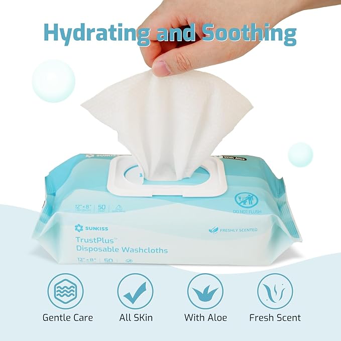 SUNKISS Trustplus Wet Wipes for Adult No Rinse, Extra Large 8”x12” Body Cleaning Washcloths for Elderly Incontinence & Cleansing, Fresh Scented, 50 Count