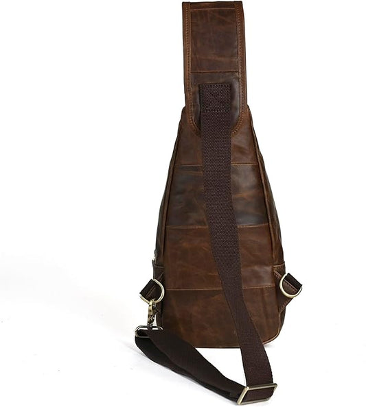Le'aokuu Men Fashion Casual Tea Designer Travel Hiking Crossbody Chest Sling Bag Rig One Shoulder Strap Bag Men Leather 8015