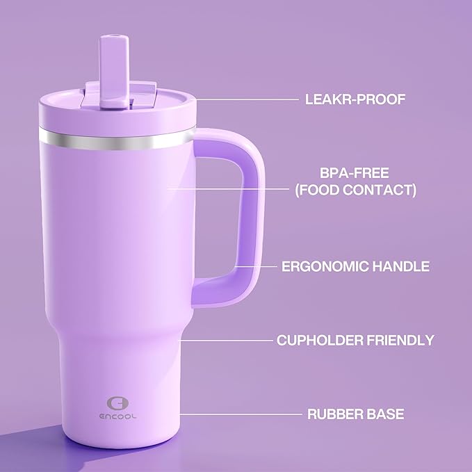 32 oz Tumbler with Handle and Straw: Stainless Steel Insulated Tumbler Keeps Cold for 24 Hours, Leakproof Travel Cup Fits in Cup Holder and BPA-Free, Lavende