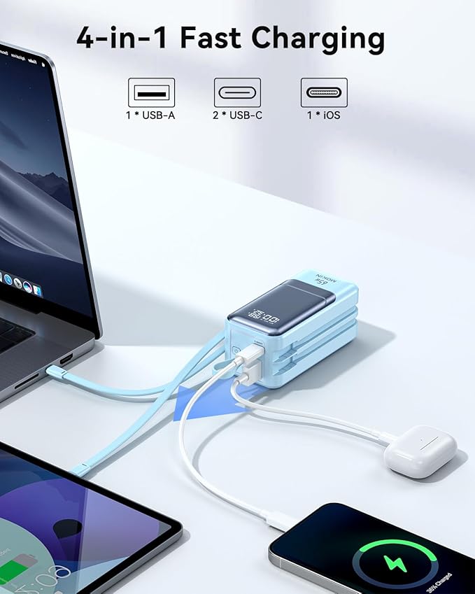 Portable Charger, 65W Power Bank Fast Charging, USB C Battery Pack with Built in Cable, 4 Outputs Powerbank, Travel Essentials Compatible with iPhone 17 16 15 14 13 iPad MacBook Pro Samsung Dell XPS