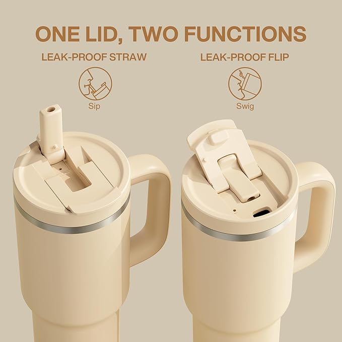 40 oz Tumbler with Handle and Straw: Stainless Steel Insulated Tumbler Keeps Cold for 24 Hours, Leakproof Travel Cup Fits in Cup Holder and BPA-Free, Indian Khaki