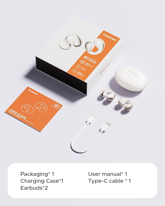 truefree B1 Open-Ear Wireless Earbuds, Bluetooth 5.4 Headphones with Spatial Audio, Ultra-Light Clip-On Fit, 25H Battery, Fast Charging, Multipoint Connection, App Customization, Workouts, Commute