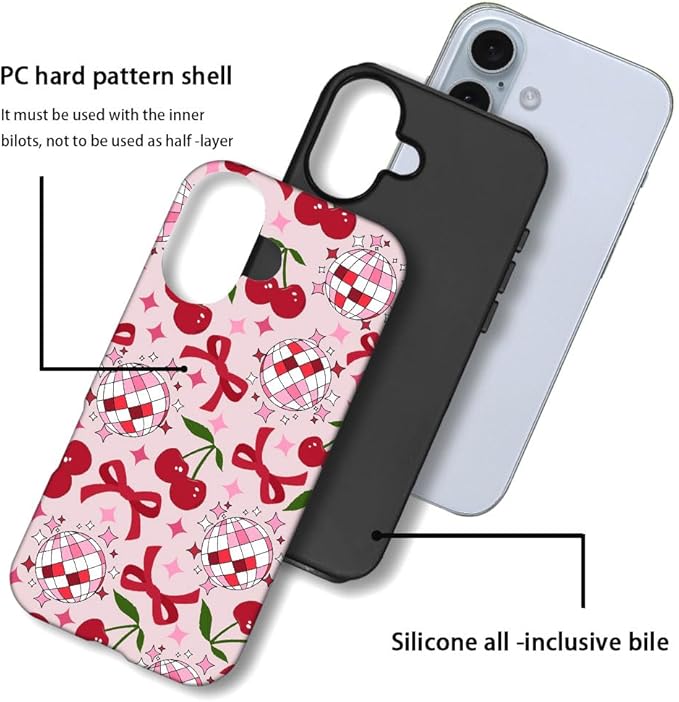 DAIZAG Case Compatible with for iPhone 16,Cute Pink Cherry Disco Ribbon Star Phone Case for iPhone 16 for Girl Women Boy Men