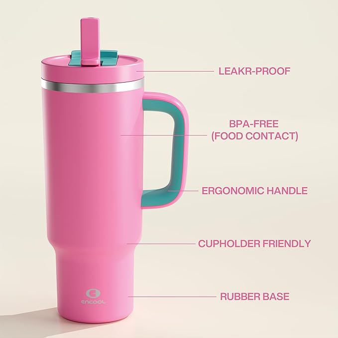 40 oz Tumbler with Handle and Straw: Stainless Steel Insulated Tumbler Keeps Cold for 24 Hours, Leakproof Travel Cup Fits in Cup Holder and BPA-Free, Light Crimson