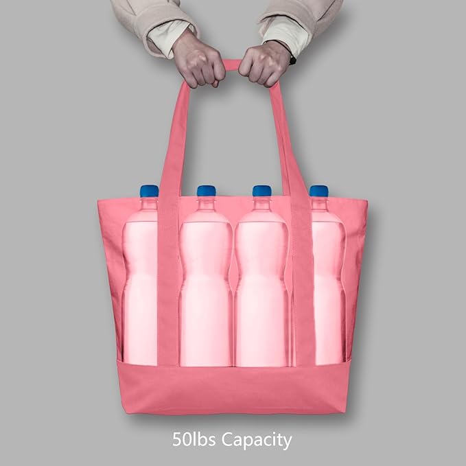 TOPDesign 1-Pack Canvas Tote Bag with an External Pocket, Reusable Grocery Shopping Bag, Top Zipper Closure, Daily Essentials (Rose Pink)